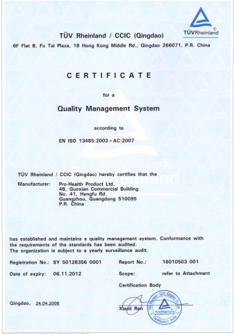 ISO13485 certificate from Pro-Health Product Ltd.