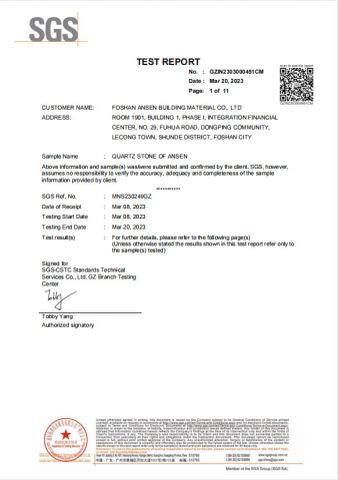 SGS Certificate of Quartz Stone certificate from Foshan Ansheng Building Material Co., Ltd.
