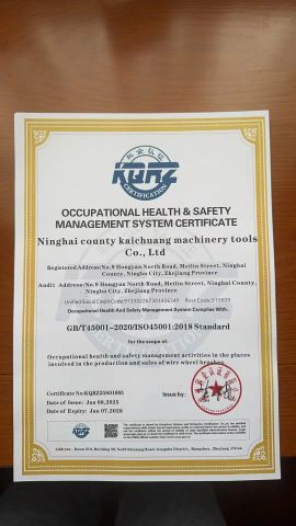 ISO 45001 certificate from Ninghai Kaichuang Mechanical Tools Co., Ltd.
