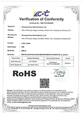 RoHS certificate of letter lights certificate from Zhaoqing dingyi advertising production co. LTD