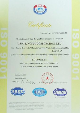 IS09001 certificate from Wuxi Kingful Corporation., Ltd