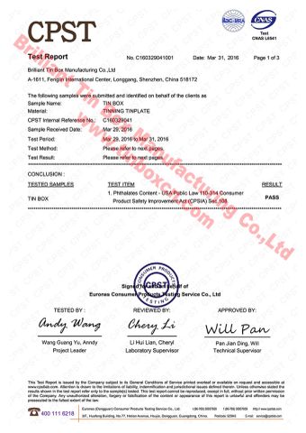 Phthalates Free Certificate of Tin Box certificate from Brilliant Tin Box Manufacturing Co., Ltd.