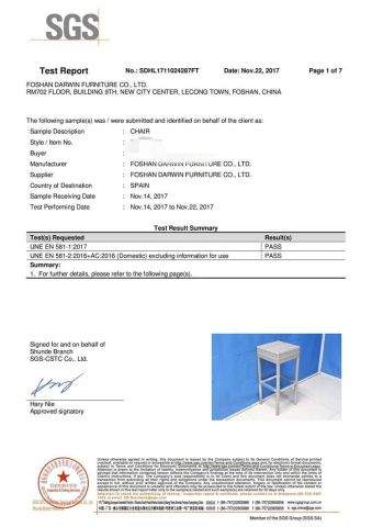 SGS Test Report certificate from Foshan Darwin Furniture Co., Ltd.