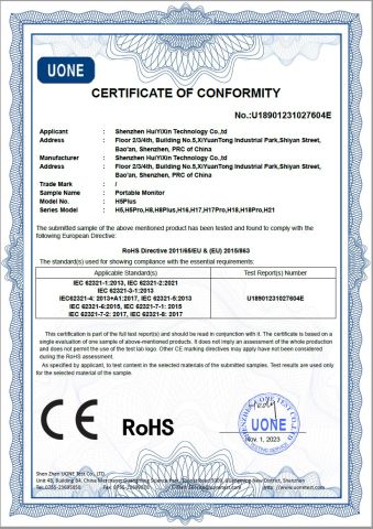 Certificate of Conformity certificate from Shenzhen Huiyixin Technology Co., Ltd