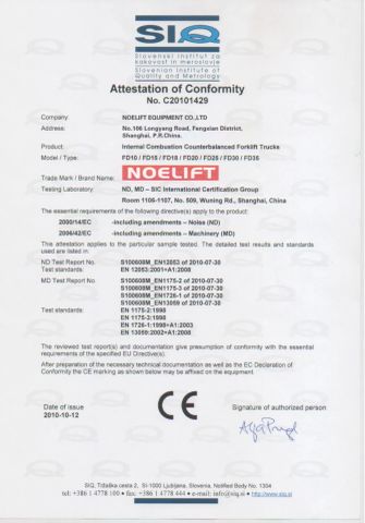 1T , 2T , 2.5T, 3T , 3.5T diesel forklift truck Conformity certificate of Hangzhou Noelift Equipment Co., Ltd. – certificate photo, supplier certificates section
