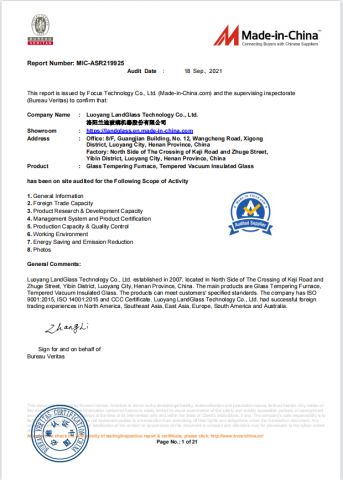 Bureau Veritas Certification certificate from Luoyang LandGlass Technology Co., Ltd.