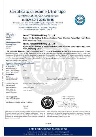 EN81-41 certificate from Jinan Xyztech Machinery Co., Ltd