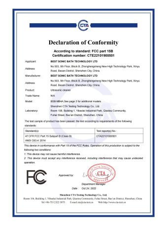 FCC certificate from Shenzhen Best Sonic Bath Technology Co., Ltd.