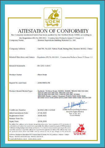 CE EN1253 certificate from Xiamen Superdrain Building Material Co., Ltd.