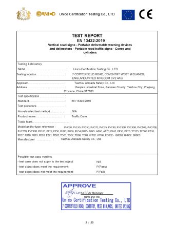 Test Report for the Traffic Cones certificate from Taizhou Allroads Safety Co., Ltd.