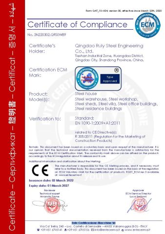 CE Certificate for Steel Structure certificate of Qingdao Ruly Steel Engineering Co., Ltd – certificate photo, supplier certificates section