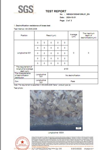 SGS dezincification Resistance Test certificate from Ningbo Yinzhou Plumbing Hardware Co., Ltd.