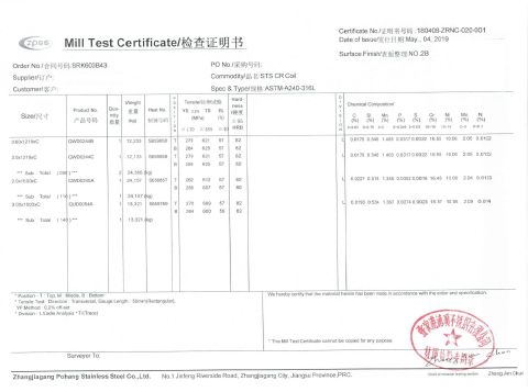 316L Mill Test Certificate certificate of Wuxi City Ge Ming Sheng Steel Trading Co., Ltd – certificate photo, supplier certificates section