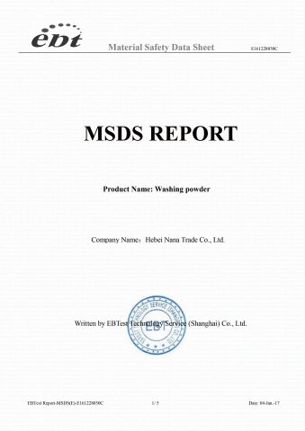 MSDS of Washing Powder certificate of Hebei Nana Trading Co., Ltd. – certificate photo, supplier certificates section