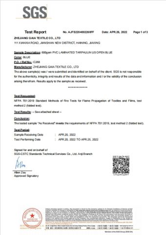 Product Inspection Report certificate from Zhejiang Gaia Textile Co., Ltd.