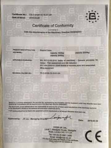 shop crane CE certificate from JIAXING JACKSTAR TOOLS CO., LTD.