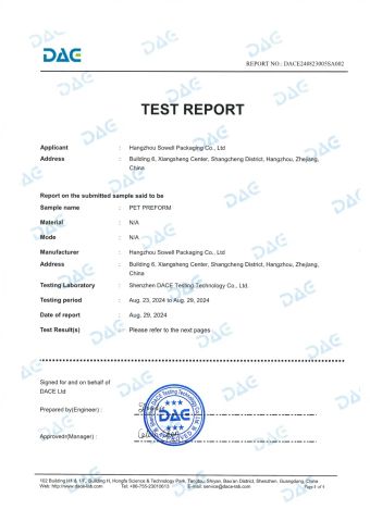BPA certificate of Hangzhou Sowell Packaging Co., Ltd – certificate photo, supplier certificates section