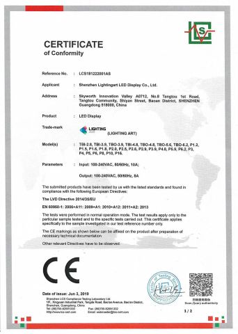 LVD certification certificate from Shenzhen Lightingart LED Display Co., Ltd.