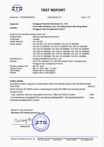 ROHS Test Report certificate from Dongguan Fosselle Electronics Co., Ltd