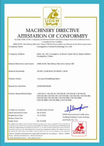 Vacuum Emulsifying Mixer certificate from Guangzhou Cosmati Technology Co., Ltd