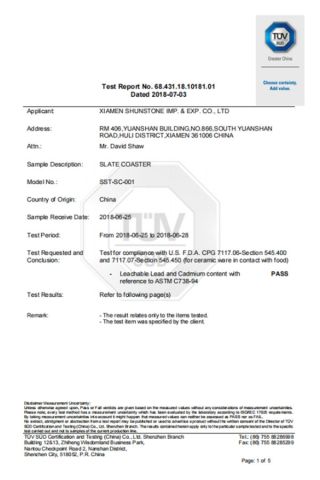 LFGB certificate from XIAMEN SHUNSTONE HOMEWARE CO., LTD.