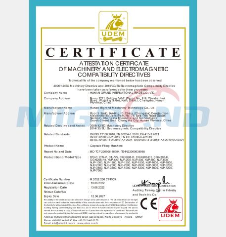 Capsule Filling Machine CE certificate of Hunan Migrand Machinery Technology Co., Ltd. – certificate photo, supplier certificates section