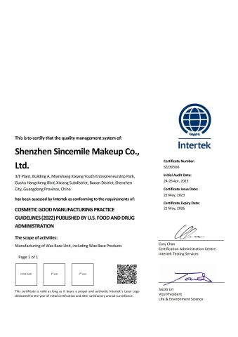 GMPC certificate from Shenzhen Vili Cosmetics Co., Ltd