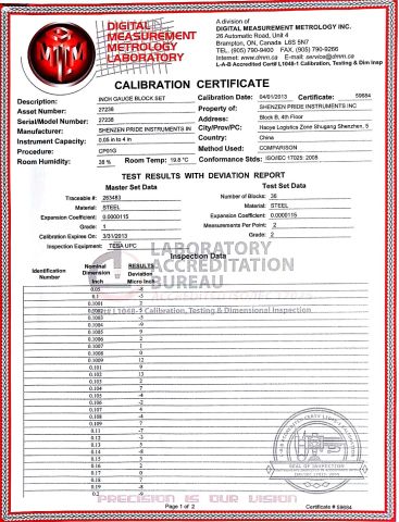 Calibration certificate of Inch gauge block set certificate from Shenzhen Pride Instrument Inc.