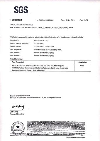 FDA Certificate of Ceramic Grinding Burr certificate from SHENZHEN JINGHUI INDUSTRY LIMITED