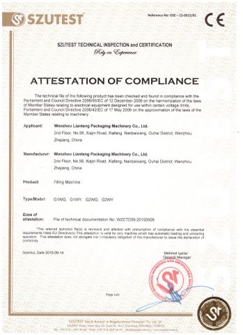 Filling Machine certificate of Jiangxi Lianteng Intelligent Equipment Co., Ltd. – certificate photo, supplier certificates section