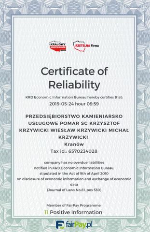 CERTIFICATE OF RELIABILITY certificate from POMAR SC