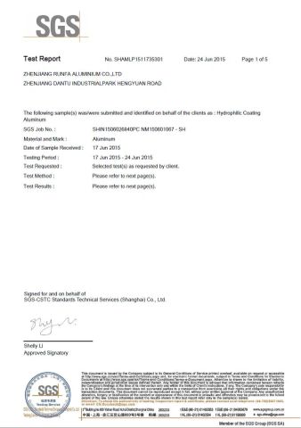SGS test report certificate of Zhenjiang Runfa Aluminium Co., Ltd. – certificate photo, supplier certificates section
