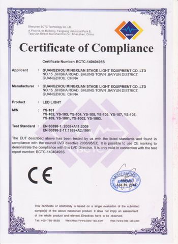 CE -LVD LED LIGHT certificate of Guangzhou MINGXUAN Stage Light Equipment CO.,LTD – certificate photo, supplier certificates section