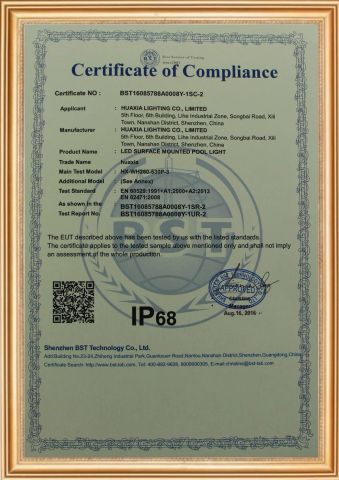 IP68-LED Surface Mounted Pool light certificate from Shenzhen Huaxia Lighting Co., Limited