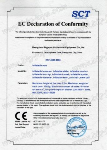 Inflatables CE certificate certificate from Zhengzhou Bigjoys Amusement Equipment Co., Ltd.