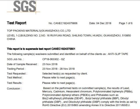 RoHs Anti-slip tape test report certificate from SW Adhesive Tape Co., Ltd