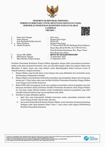 BPOM-RI certificate from CV RAGANATURA GEMILANG