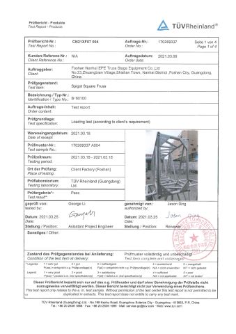 TUV product test report certificate from Foshan Nanhai Epe Truss Stage Equipment Co., Ltd