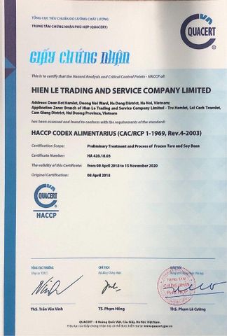 HACCP certificate from Hien Le Group