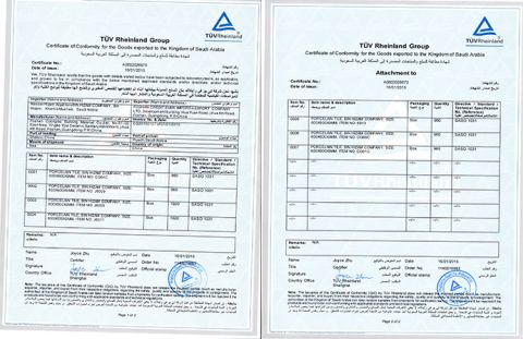 SASO CERTIFICATION certificate of Foshan Colorgres Building Material Co., Ltd. – certificate photo, supplier certificates section