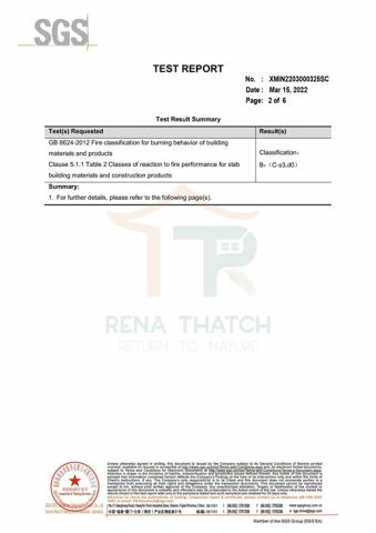 SGS fire test report certificate from Xiamen Rena Thatch Industry Co., Ltd.