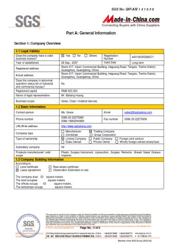 SGS Certificate certificate from Guangzhou Baitang Medical Instrument Co., Ltd.