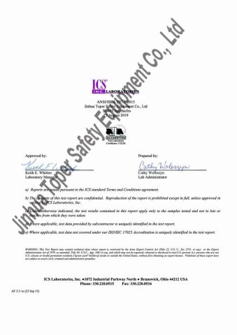 SG103 ANSI Z87.1 Approval certificate from Jinhua Toper Safety Equipment Co., Ltd.
