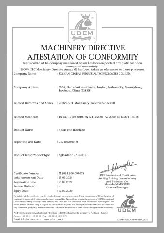 MACHINERY DIRECTIVEATTESTATION OF CONFORMITY certificate of FOSHAN AGLASSTEC CO.,LTD – certificate photo, supplier certificates section
