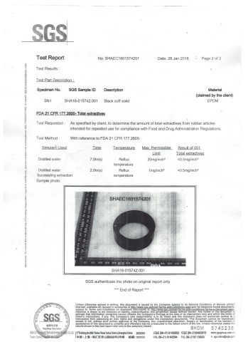 EPDM FDA Report certificate from Wenzhou Xusheng Machinery Industry and Trading Co., Ltd.