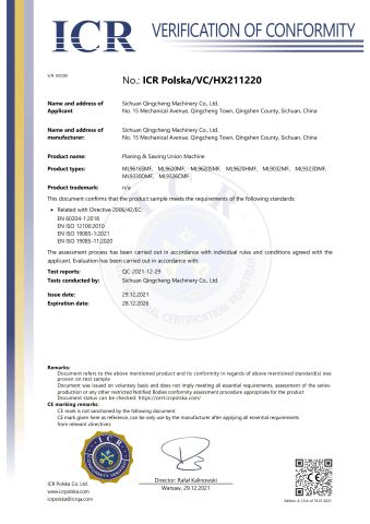 CE for Planing and Sawing Machine certificate from Hangzhou Smart Panther Tech Ltd