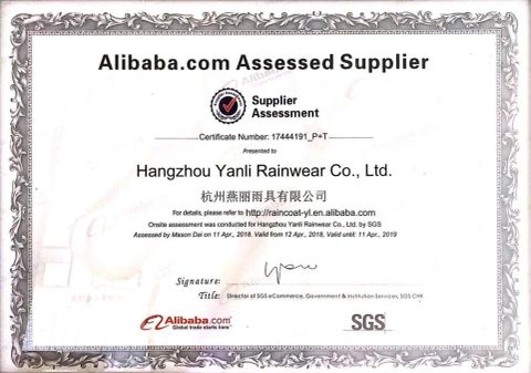 Certificates certificate from Hangzhou Yanli Rainwear Co., Ltd.