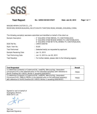 Product Inspection Report certificate from Ningbo Mywin Caster Co., Ltd.