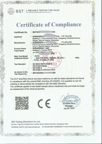 CE-EMC Certifications certificate from Shen Zhen JYD Electronics Co., Ltd