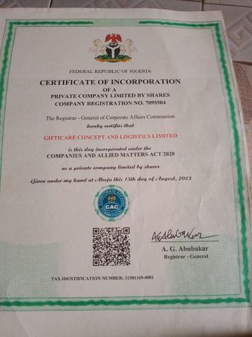Incorporation  certificate of Gifticare concept and logistics ltd  – certificate photo, supplier certificates section